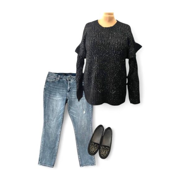 OLD NAVY Ruffle-Trim Pointelle-Knit Sweater Plus Size XXL in Black Jack Shimmer - Picture 4 of 10